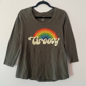 Natural Life Army Green Rainbow Groovy Cotton 3/4 Sleeve Shirt Women size Small